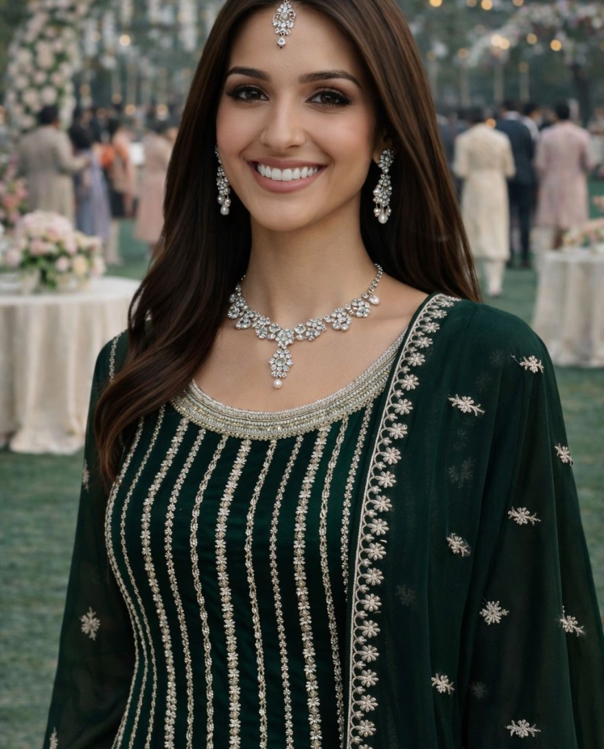 GREEN - Embroidered Work Georgette Salwar Suit In Green Colour