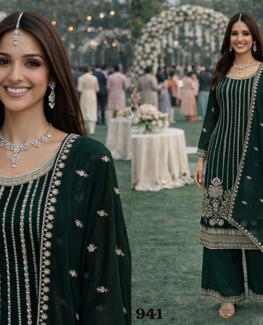 GREEN - Embroidered Work Georgette Salwar Suit In Green Colour