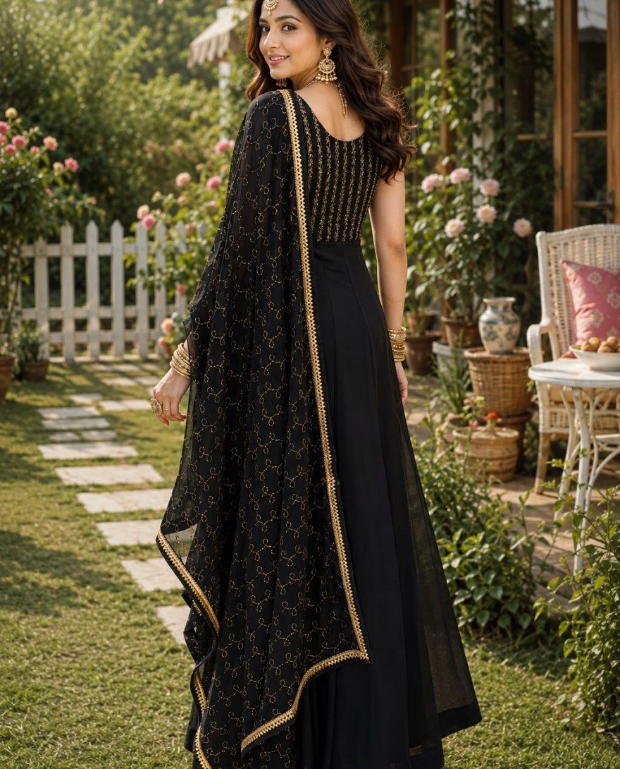 BLACK - Black Georgette Anarkali Suit For Indian & Pakistani Wedding Festival - Embroidery Work
