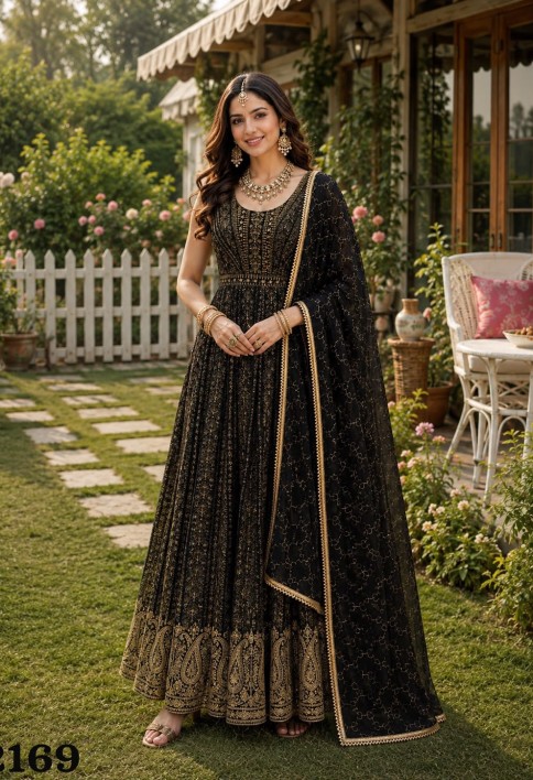 Black Georgette Anarkali Suit For Indian & Pakistani Wedding Festival - Embroidery Work