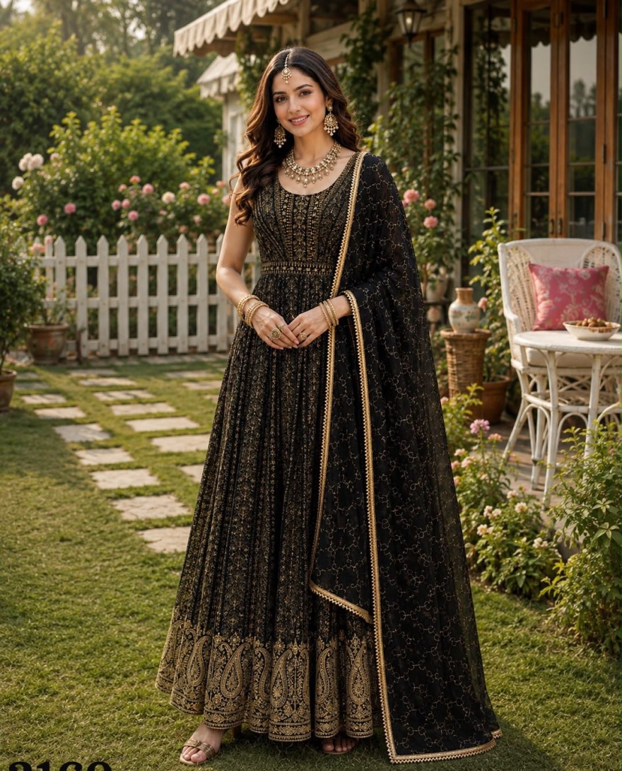 BLACK - Black Georgette Anarkali Suit For Indian & Pakistani Wedding Festival - Embroidery Work