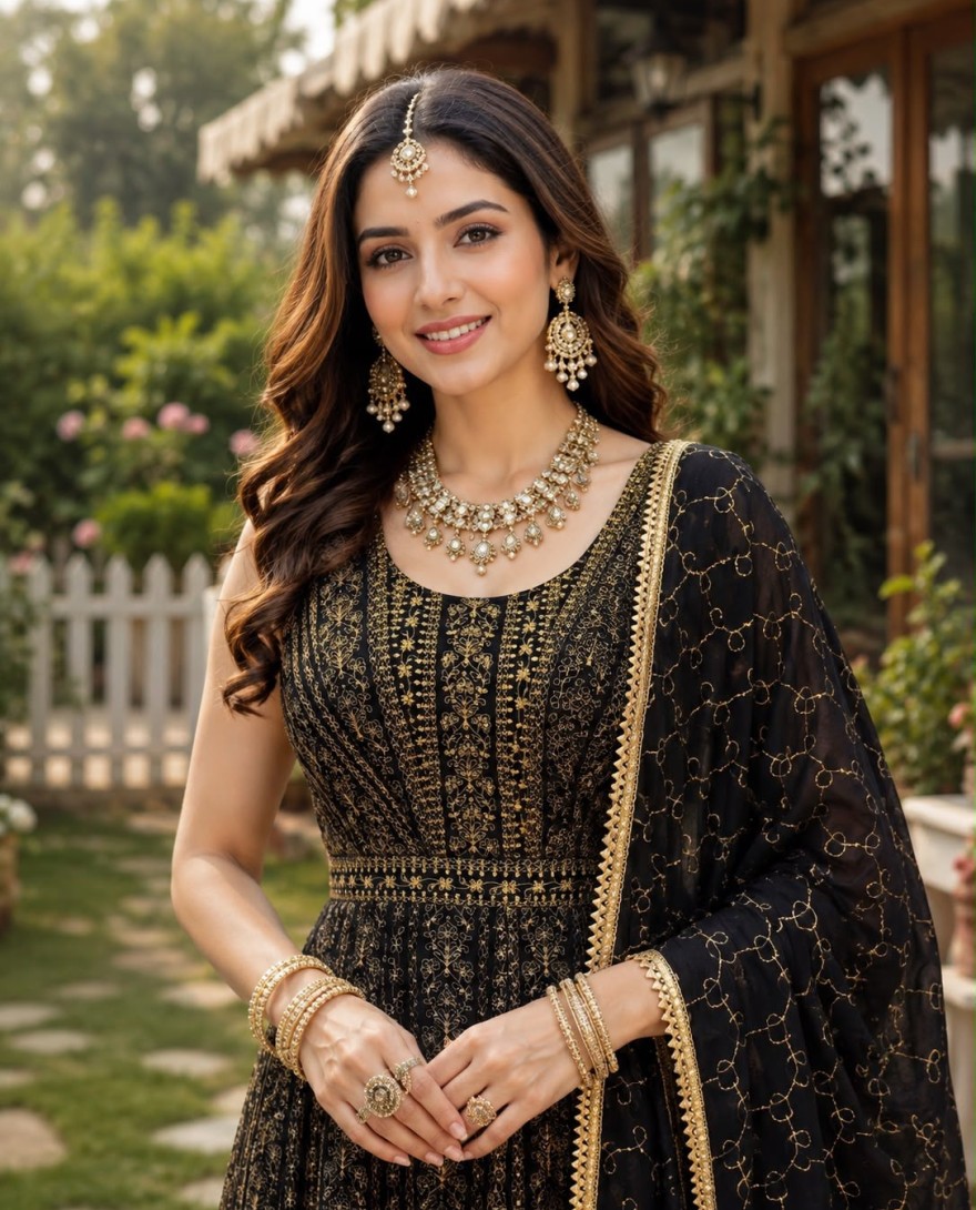BLACK - Black Georgette Anarkali Suit For Indian & Pakistani Wedding Festival - Embroidery Work