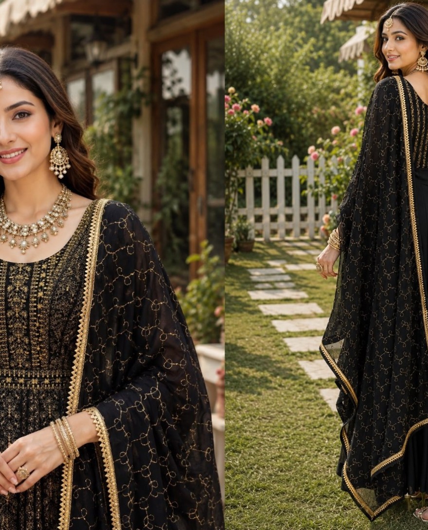 BLACK - Black Georgette Anarkali Suit For Indian & Pakistani Wedding Festival - Embroidery Work