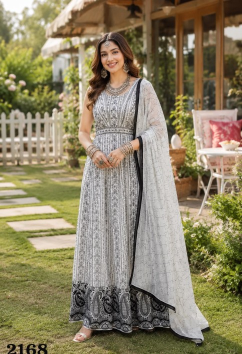 White Georgette Embroidered and Sequins Work Designer Gown