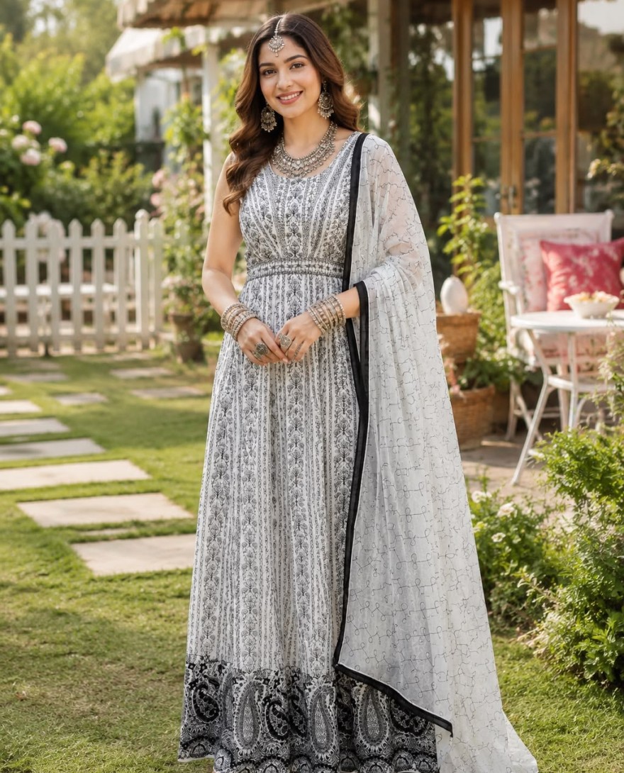 WHITE - White Georgette Embroidered and Sequins Work Designer Gown