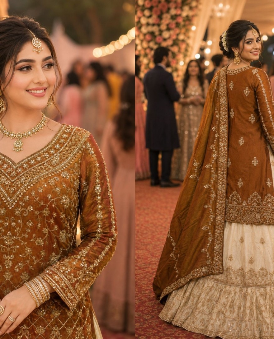 BROWN - Brown and Off White Sangeet Readymade Lehenga Choli