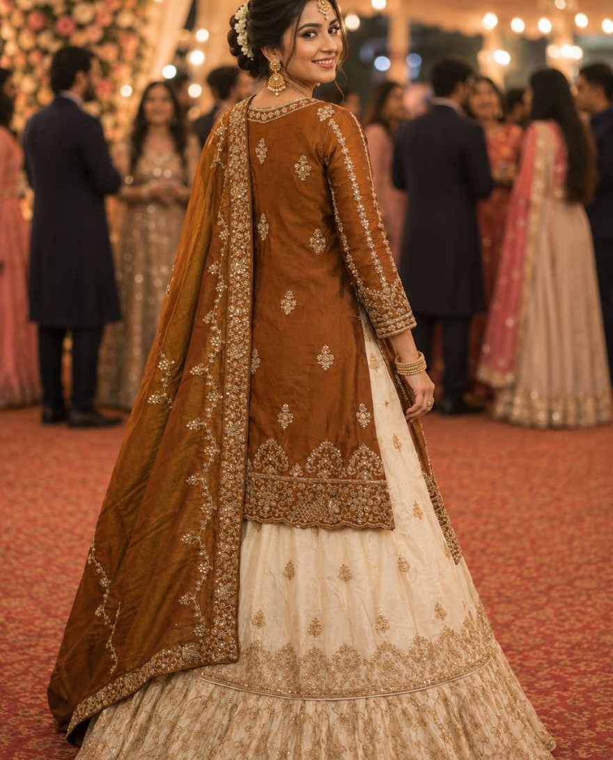 BROWN - Brown and Off White Sangeet Readymade Lehenga Choli