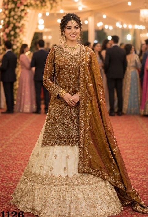 Brown and Off White Sangeet Readymade Lehenga Choli