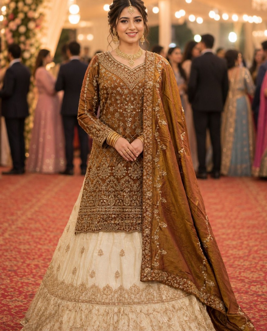 BROWN - Brown and Off White Sangeet Readymade Lehenga Choli