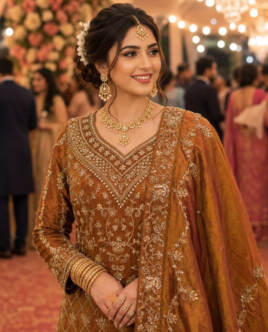 BROWN - Brown and Off White Sangeet Readymade Lehenga Choli