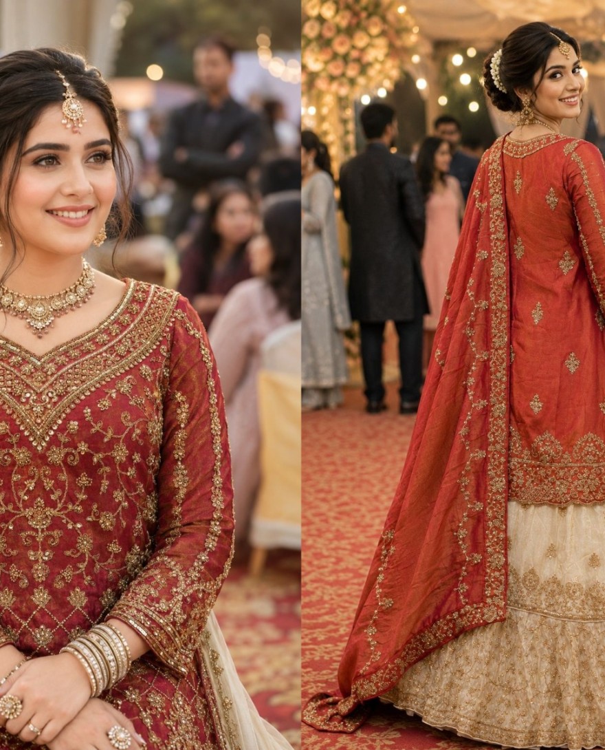 RED - Premium Viscose Tissue Silk Fabric Indo Western Anarkali Lehenga In Red & Off White Color With Embroidery Work