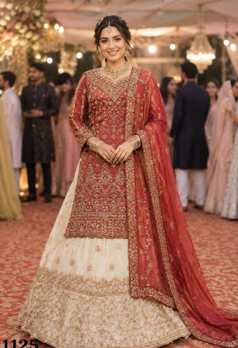 Premium Viscose Tissue Silk Fabric Indo Western Anarkali Lehenga In Red & Off White Color With Embroidery Work