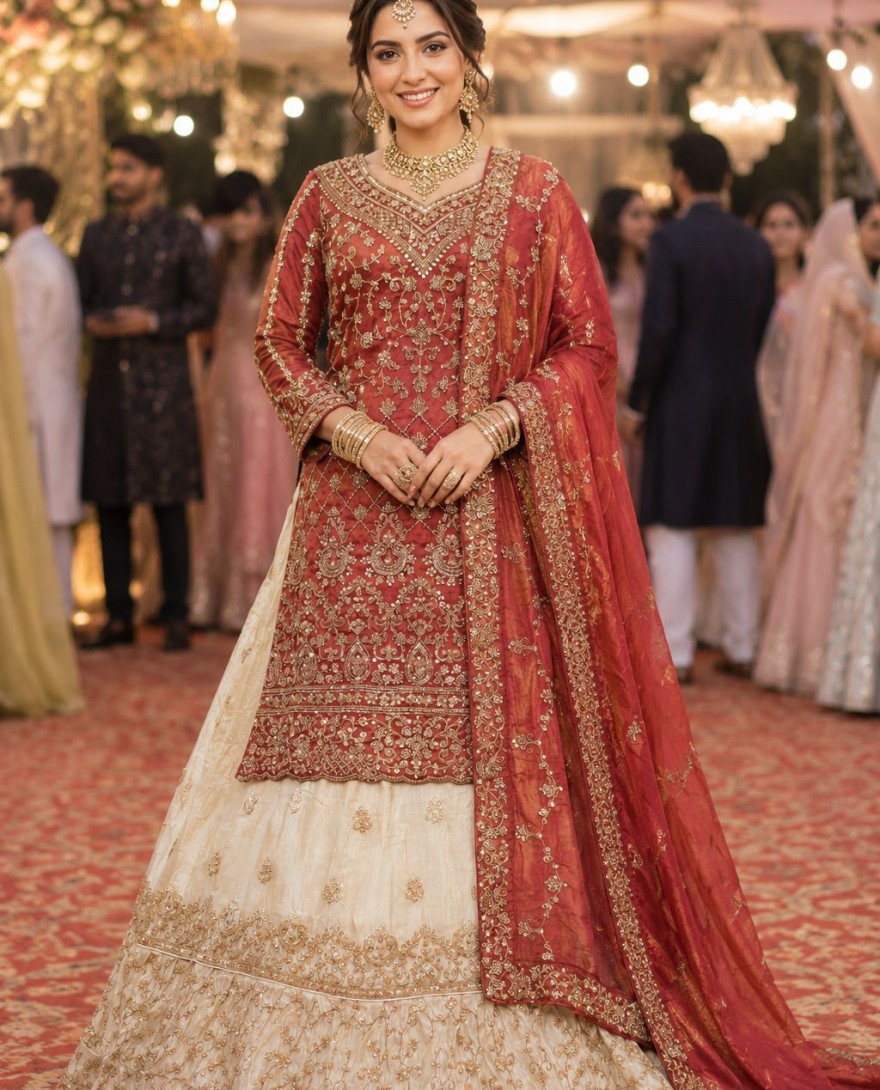 RED - Premium Viscose Tissue Silk Fabric Indo Western Anarkali Lehenga In Red & Off White Color With Embroidery Work