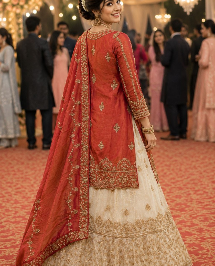RED - Premium Viscose Tissue Silk Fabric Indo Western Anarkali Lehenga In Red & Off White Color With Embroidery Work
