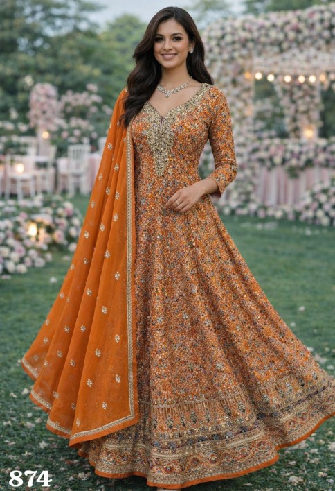 Subtle Orange Georgette Designer Gown with Embroidered and Swarovski Work