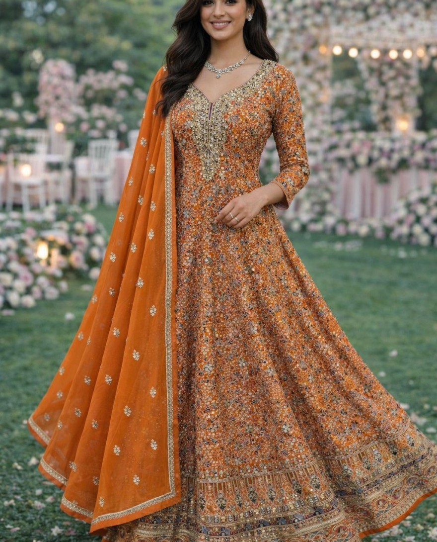 ORANGE - Subtle Orange Georgette Designer Gown with Embroidered and Swarovski Work
