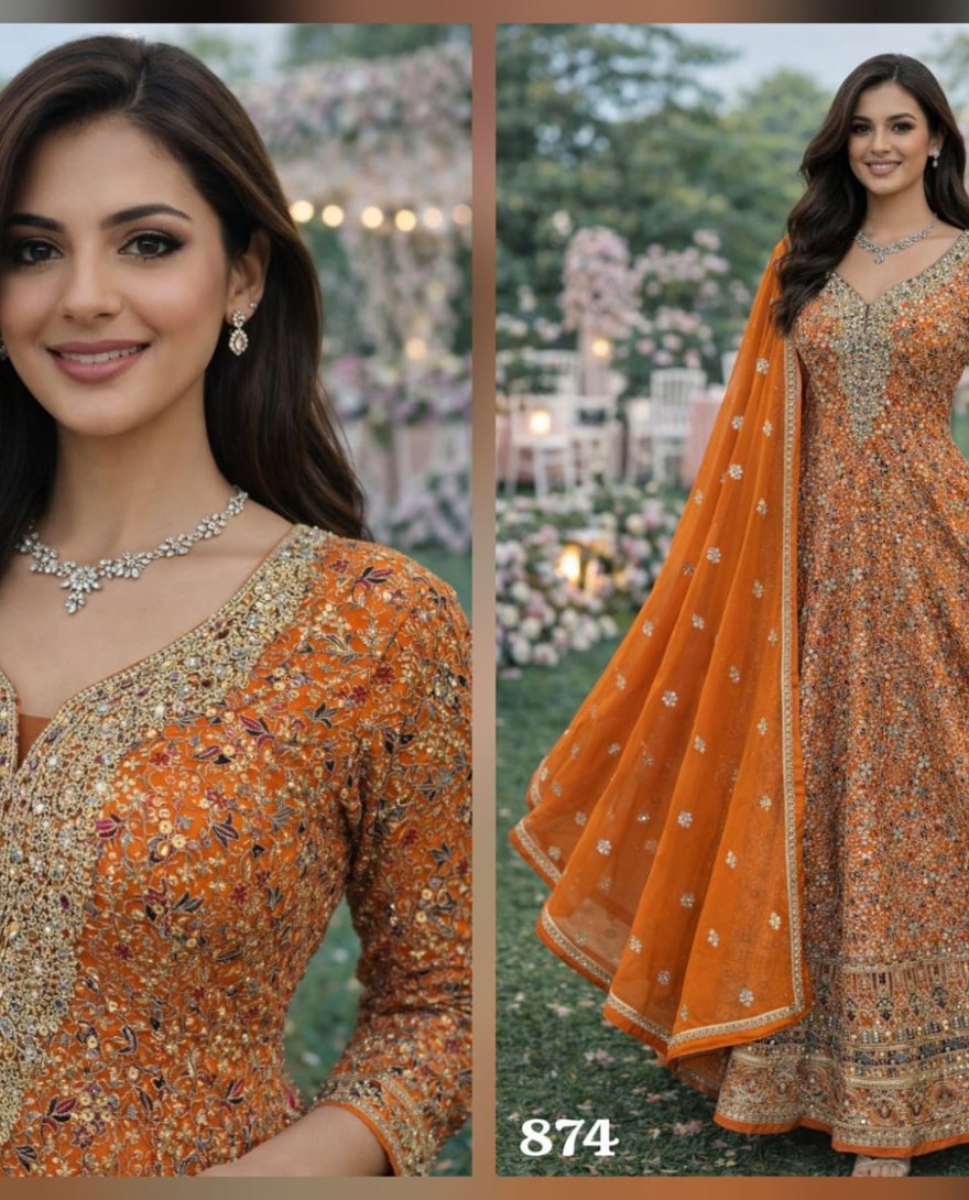 ORANGE - Subtle Orange Georgette Designer Gown with Embroidered and Swarovski Work