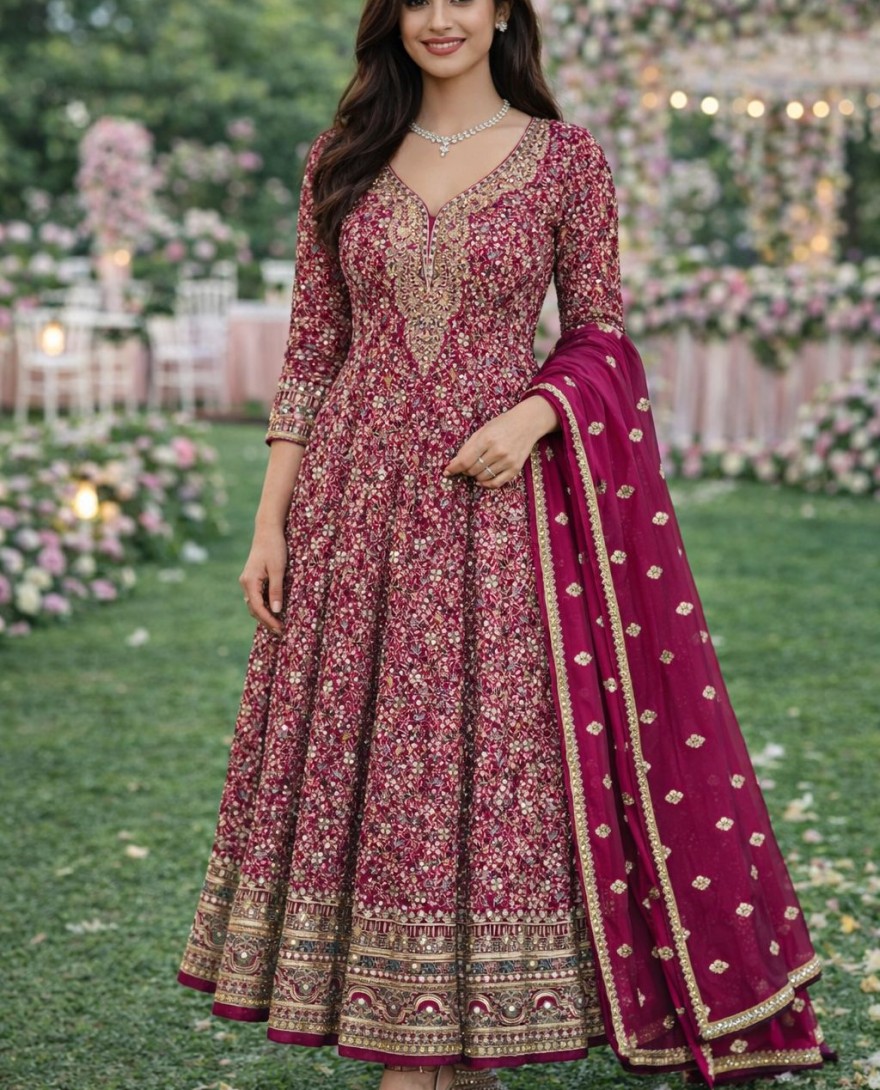 pink - Pink Georgette Anarkali Suit With Stone Detailing