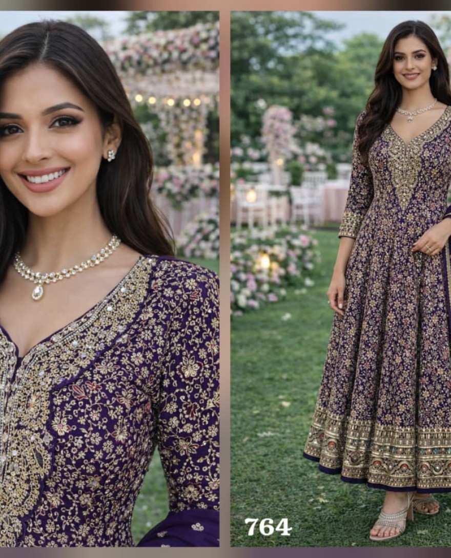 BLUE - Purple Georgette Anarkali Suit With Zari Motifs