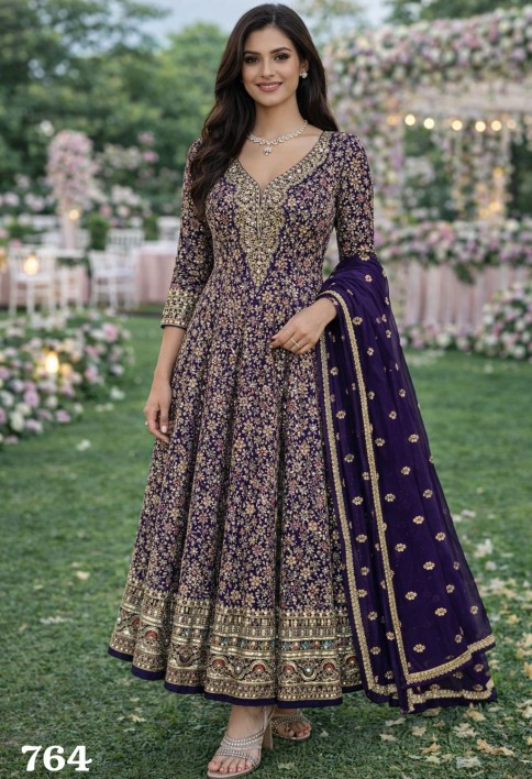 Purple Georgette Anarkali Suit With Zari Motifs