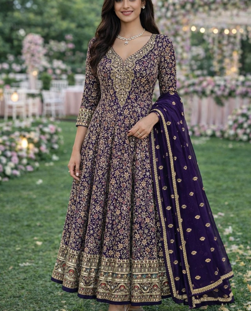 BLUE - Purple Georgette Anarkali Suit With Zari Motifs