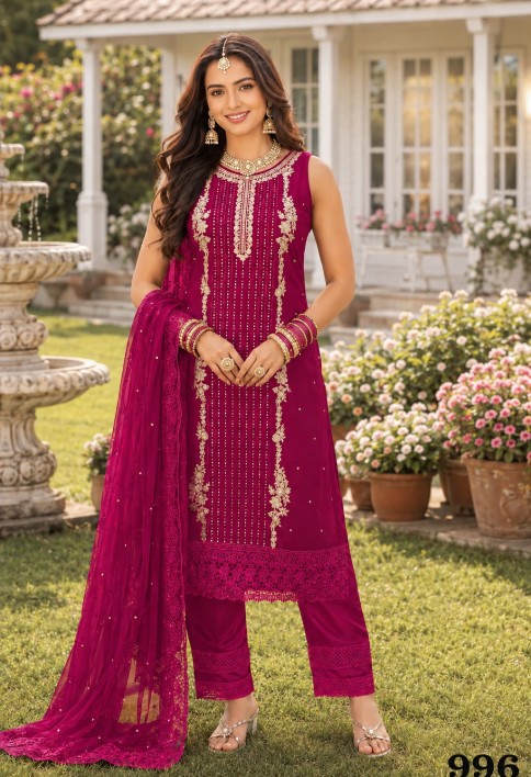 Embroidered, Sequins and Stone Work Georgette Salwar Suit In Rani for Ceremonial