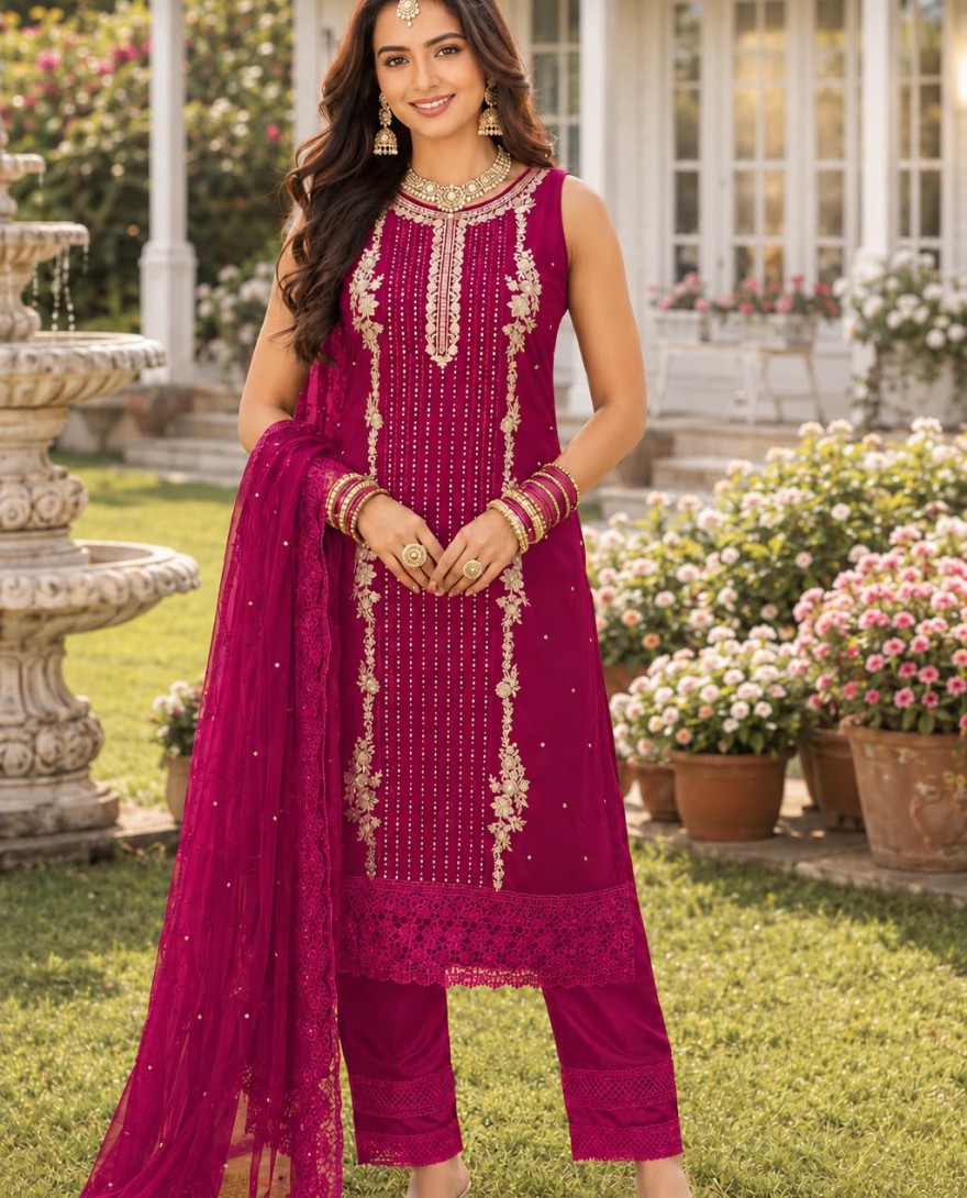 PINK - Embroidered, Sequins and Stone Work Georgette Salwar Suit In Rani for Ceremonial