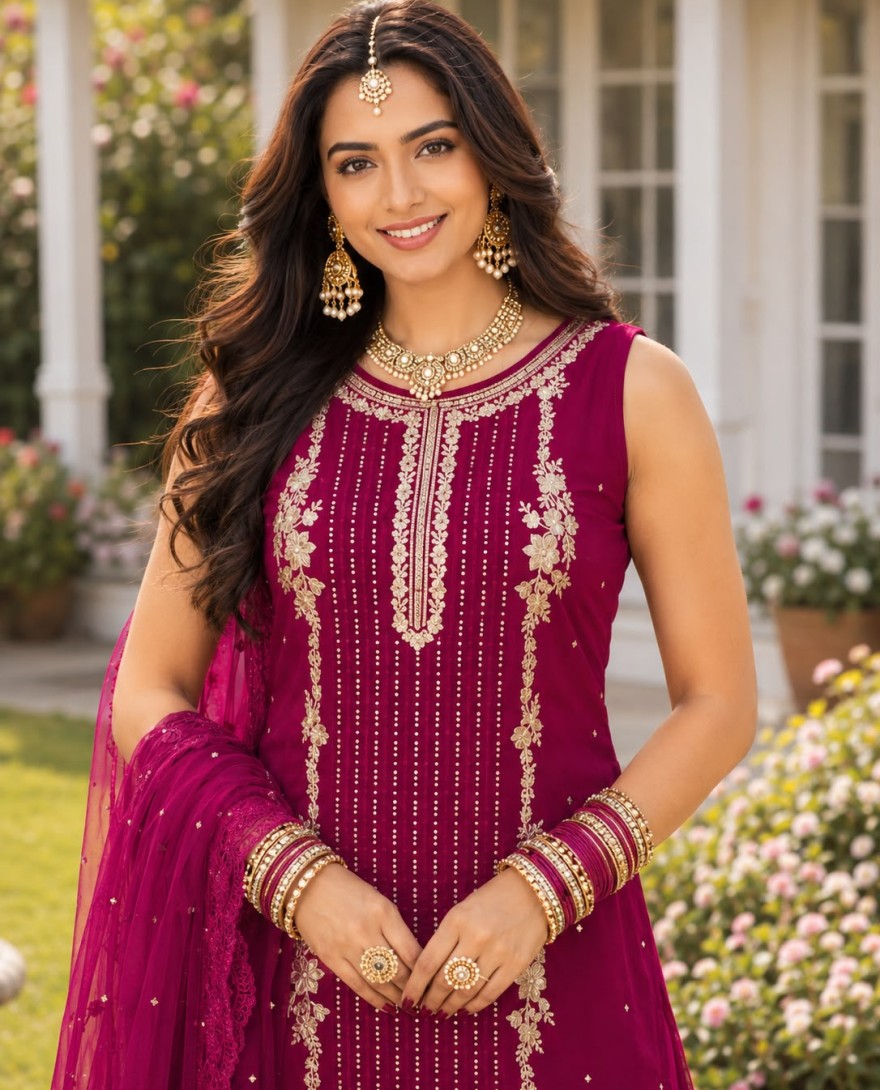 PINK - Embroidered, Sequins and Stone Work Georgette Salwar Suit In Rani for Ceremonial