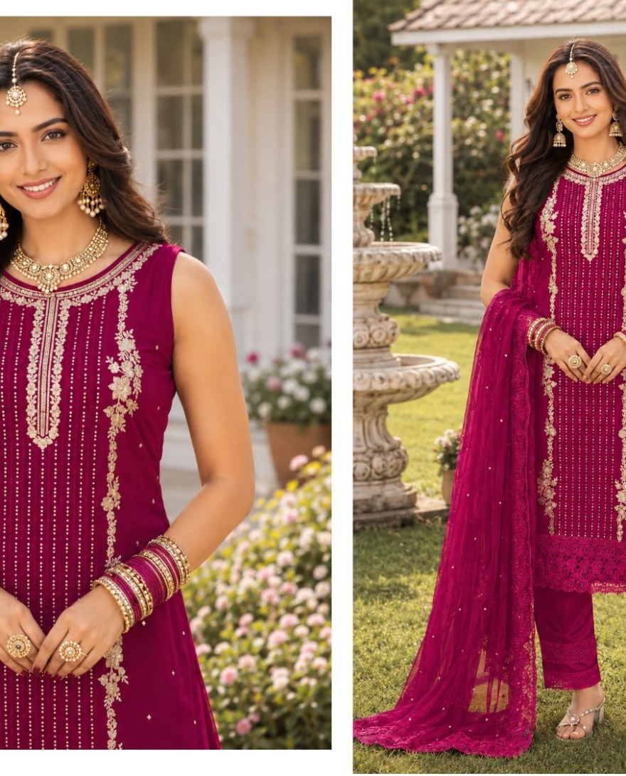 PINK - Embroidered, Sequins and Stone Work Georgette Salwar Suit In Rani for Ceremonial