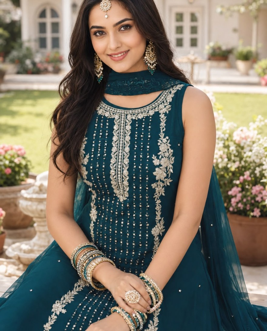 GREEN - Teal Georgette Embroidered, Sequins and Stone Work Pant Style Suit