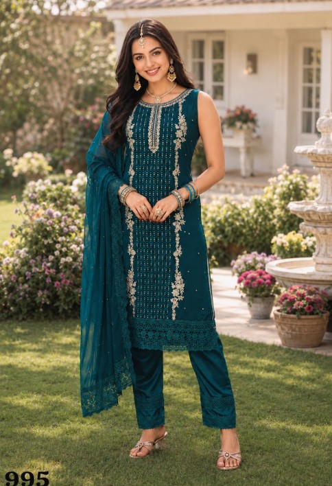 Teal Georgette Embroidered, Sequins and Stone Work Pant Style Suit