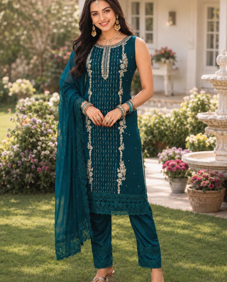 GREEN - Teal Georgette Embroidered, Sequins and Stone Work Pant Style Suit