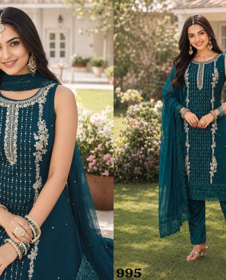 GREEN - Teal Georgette Embroidered, Sequins and Stone Work Pant Style Suit