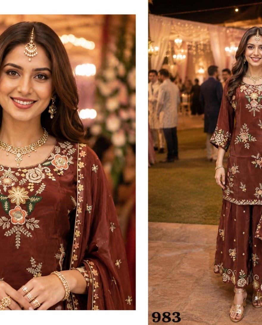BROWN - Brown Faux Crepe Embroidered Work Salwar Suit