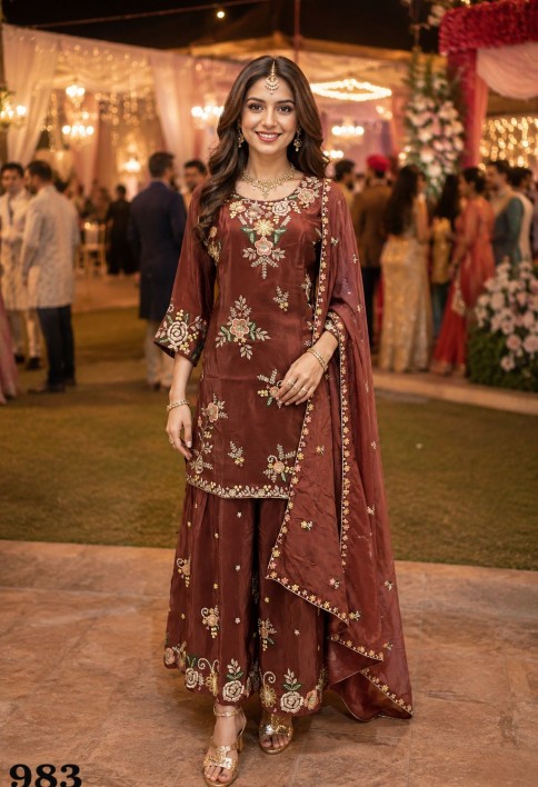 Brown Faux Crepe Embroidered Work Salwar Suit
