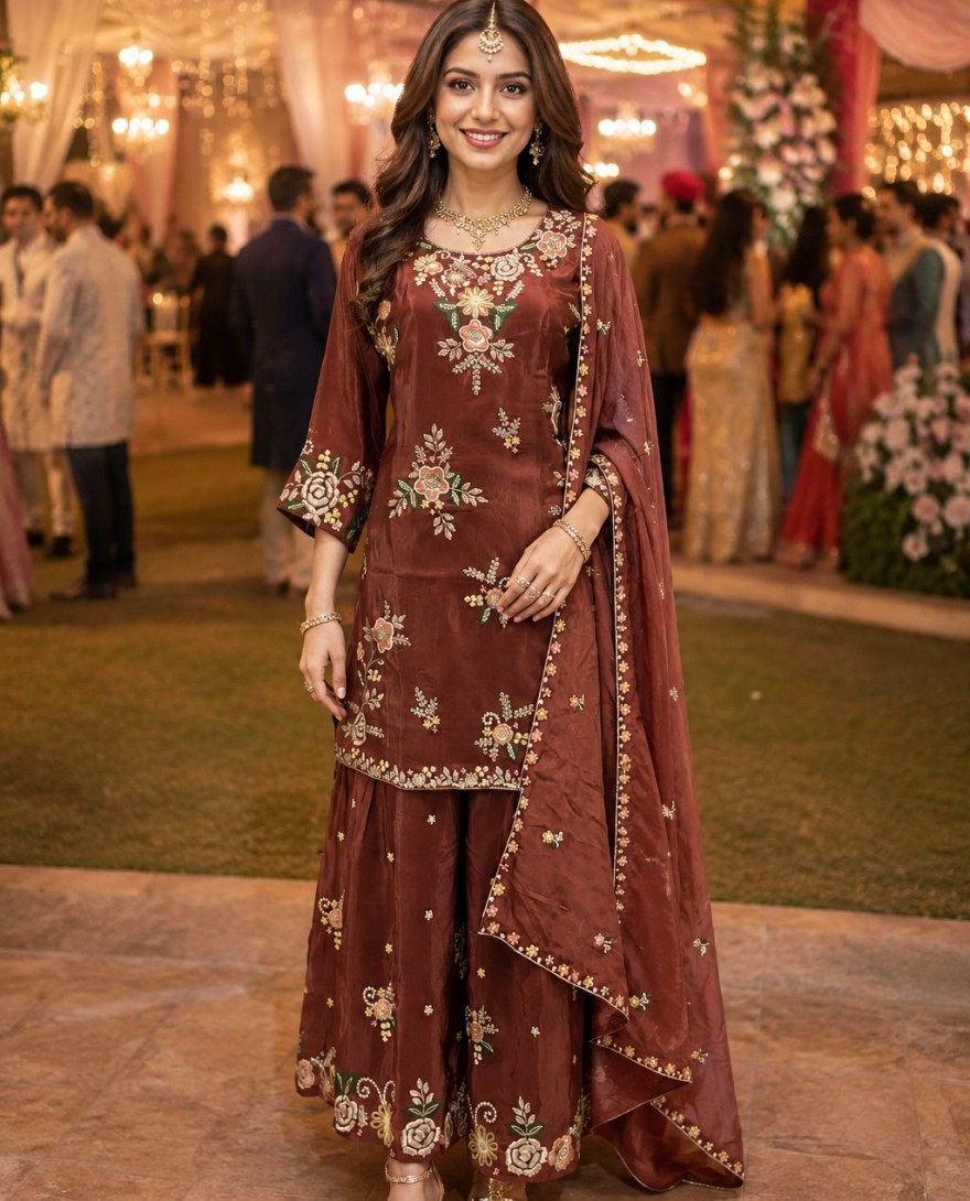 BROWN - Brown Faux Crepe Embroidered Work Salwar Suit