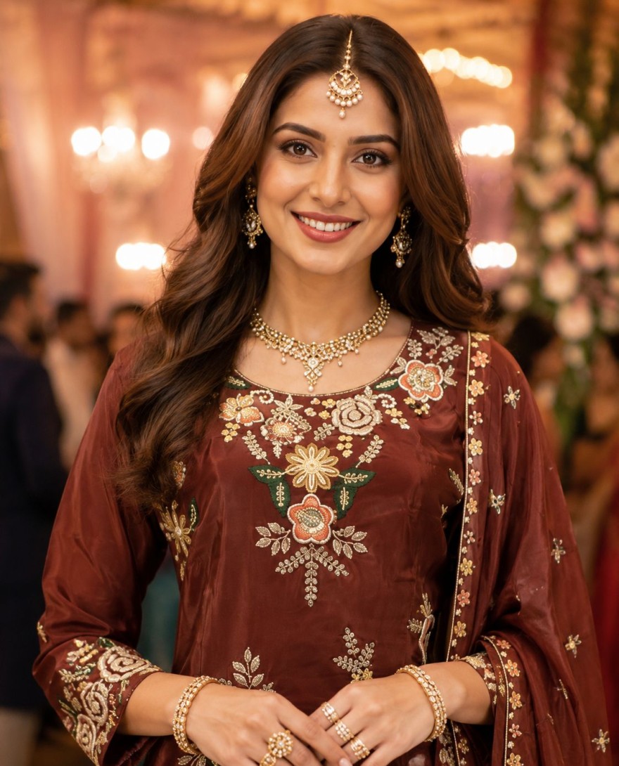 BROWN - Brown Faux Crepe Embroidered Work Salwar Suit