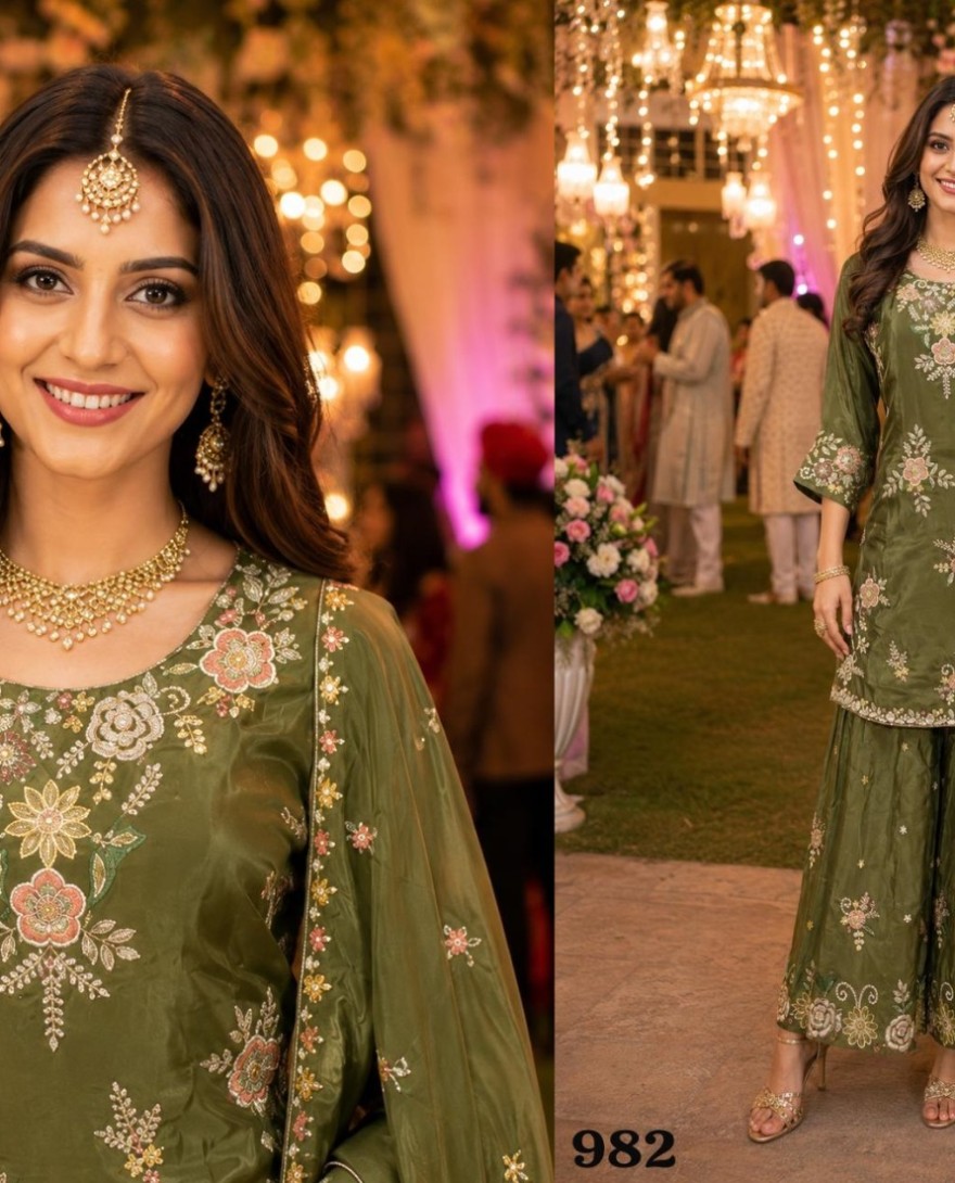 GREEN - Green Faux Crepe Embroidered Work Palazzo Salwar Suit for Ceremonial