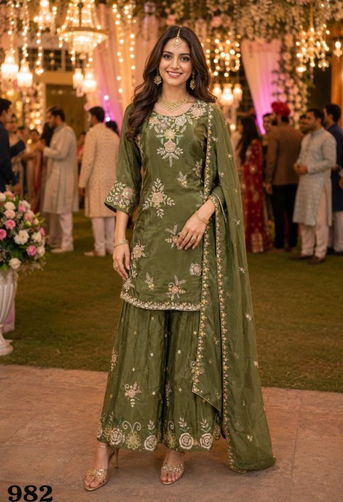 Green Faux Crepe Embroidered Work Palazzo Salwar Suit for Ceremonial
