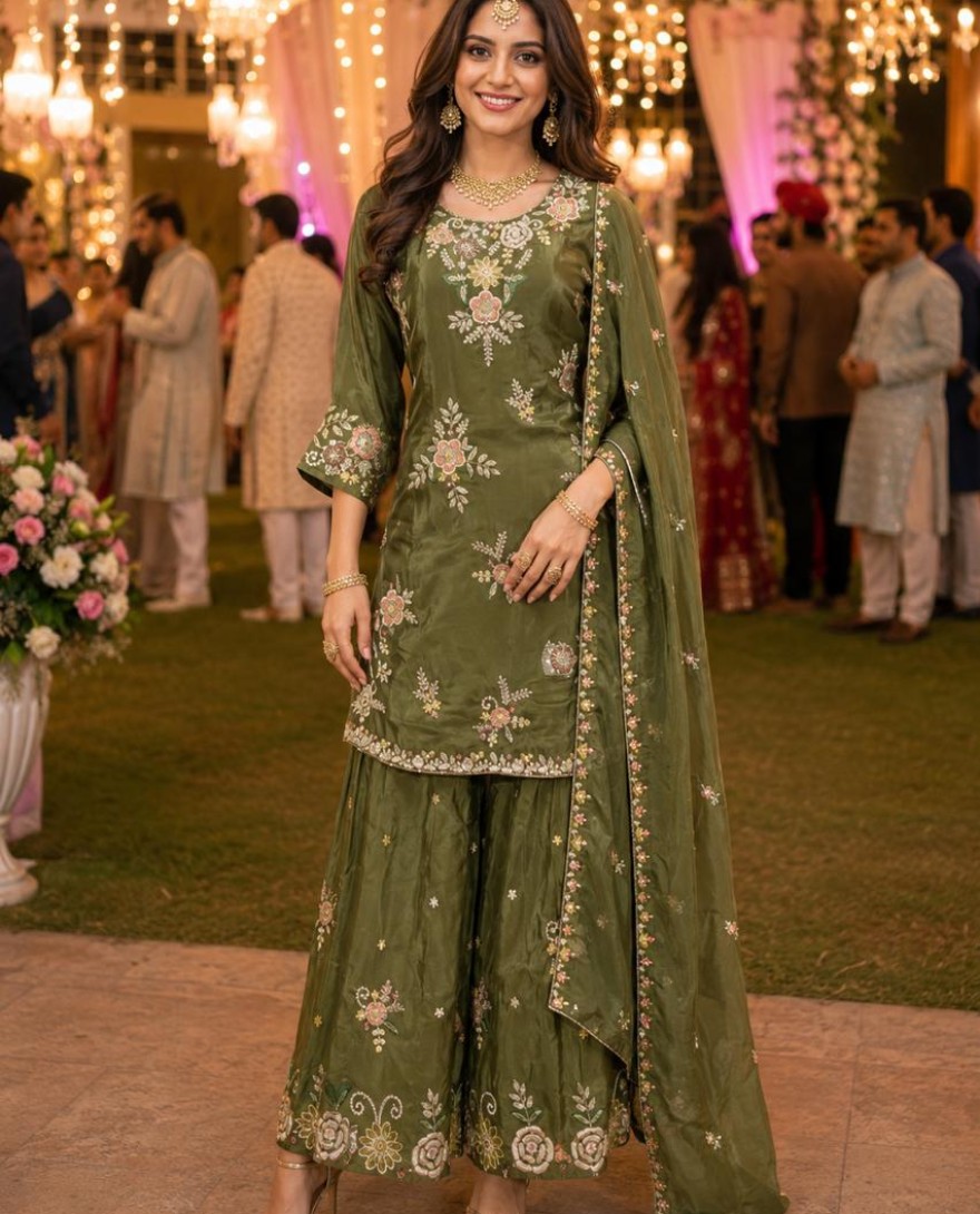 GREEN - Green Faux Crepe Embroidered Work Palazzo Salwar Suit for Ceremonial