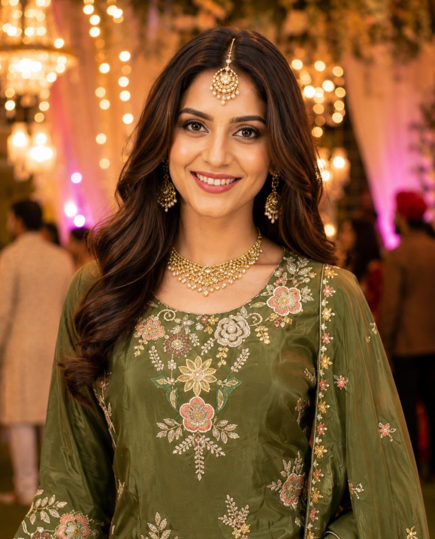 GREEN - Green Faux Crepe Embroidered Work Palazzo Salwar Suit for Ceremonial