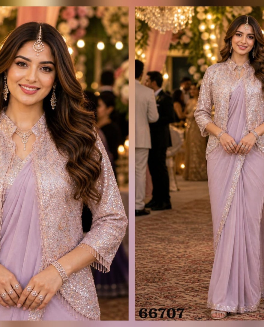 LAVENDER - Gilded Lavender Lycra Contemporary Sari with Embroidered Work