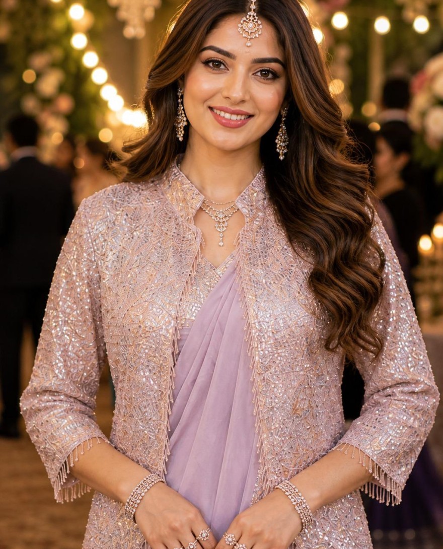 LAVENDER - Gilded Lavender Lycra Contemporary Sari with Embroidered Work