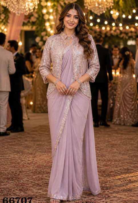 Gilded Lavender Lycra Contemporary Sari with Embroidered Work