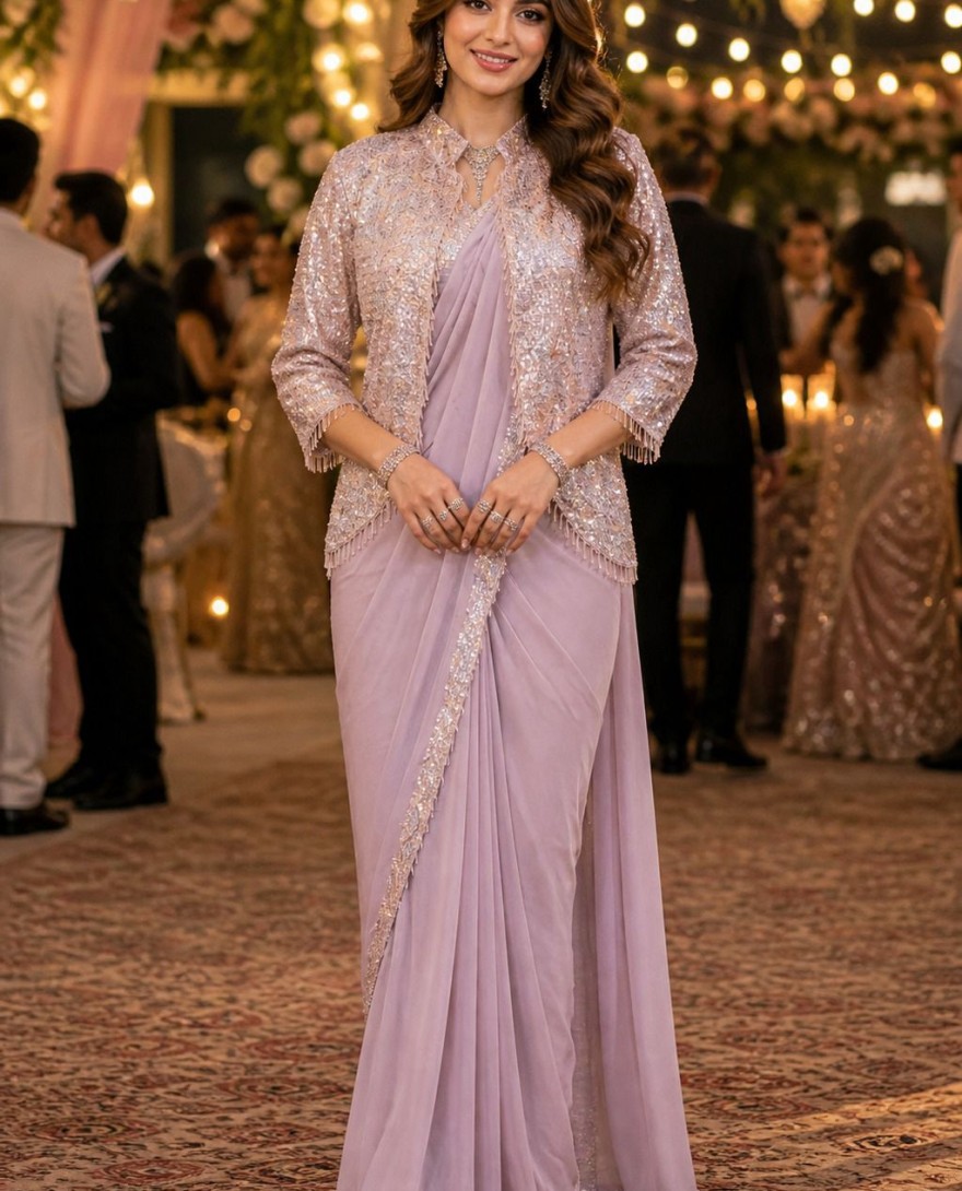 LAVENDER - Gilded Lavender Lycra Contemporary Sari with Embroidered Work