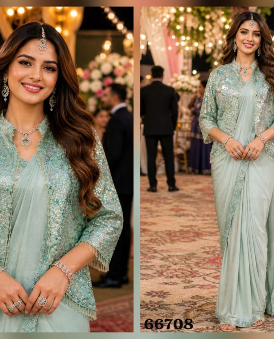 SEAGREEN - Sea Green Lycra Classic Saree with Embroidered Work for Ceremonial