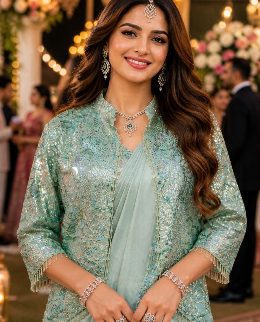 SEAGREEN - Sea Green Lycra Classic Saree with Embroidered Work for Ceremonial