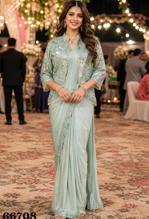 Sea Green Lycra Classic Saree with Embroidered Work for Ceremonial