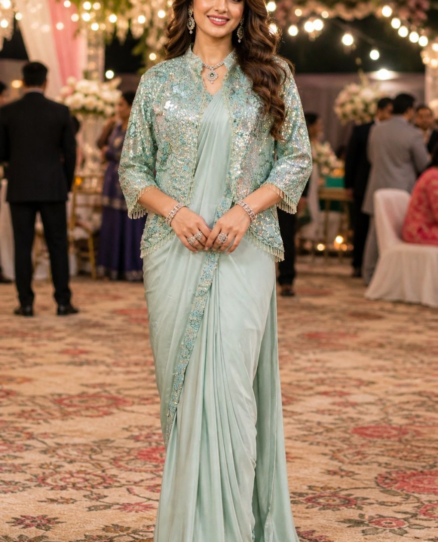 SEAGREEN - Sea Green Lycra Classic Saree with Embroidered Work for Ceremonial