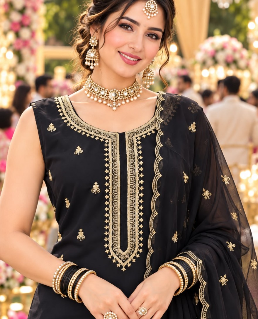 BLACK - Black Georgette Embroidered and Sequins Work Salwar Suit